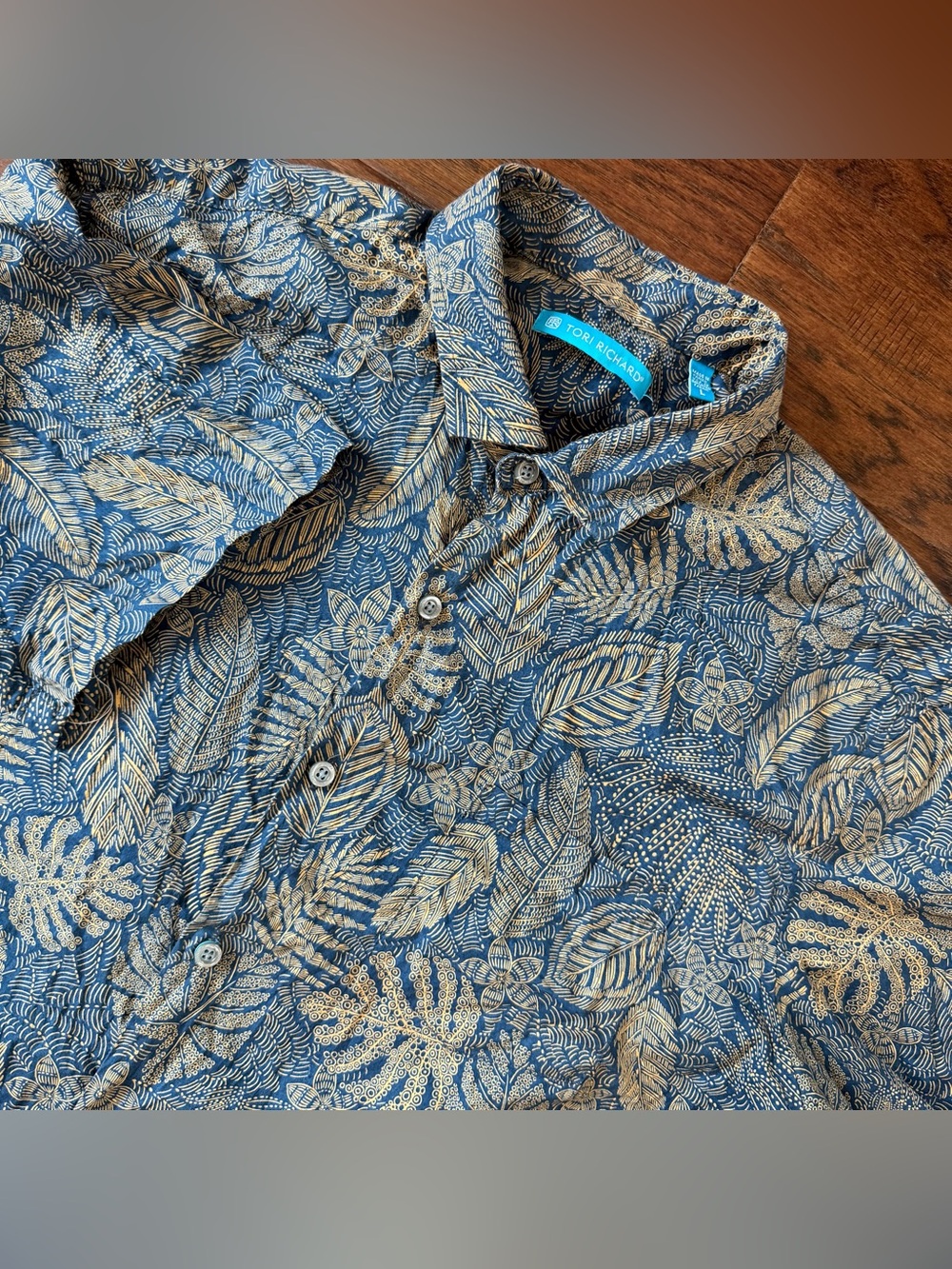 Tori Richard Honolulu Men’s Hawaiian Shirt Blue/Tan Palm Print Large Cotton